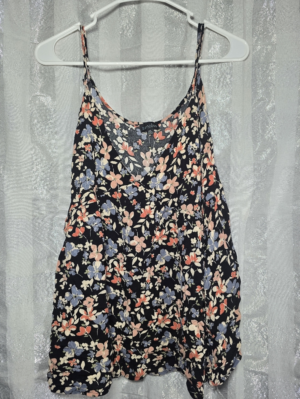 Floral Spaghetti-Strap Tank Top - Black with Coral & Blue Flowers